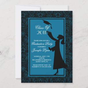 Blue Damask Afstuderen Invitation Silhouette Afstu Kaart