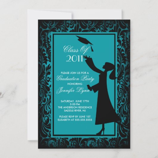 Blue Damask Afstuderen Invitation Silhouette Afstu Kaart (Voorkant)
