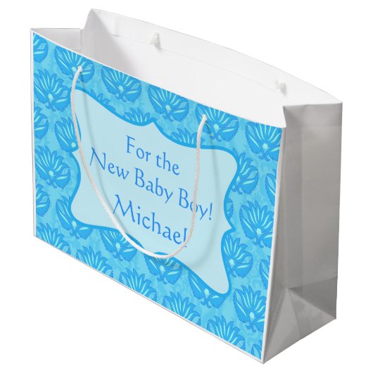 Blue Damask Baby Boy Name Persoonlijk Groot Cadeauzakje (Achterkant Gekanteld)