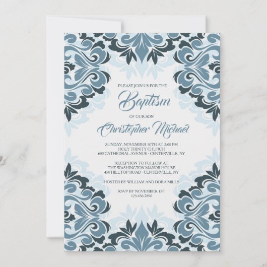 Blue Damask Baptism Invitation Kaart (Voorkant)
