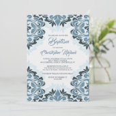 Blue Damask Baptism Invitation Kaart (Staand voorkant)