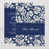 Blue Damask Bat Mitzvah-uitnodigingen Kaart (Voorkant / Achterkant)