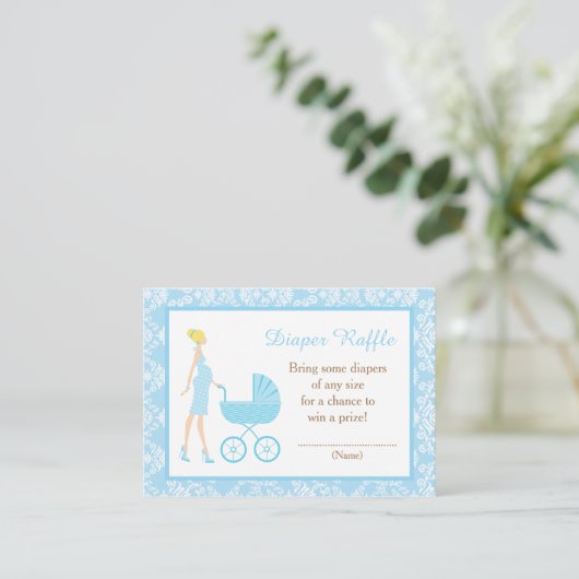 Blue Damask Blonde Woman Baby shower Informatiekaartje (Staand voorkant)