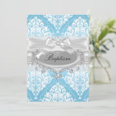 Blue Damask Bow Baptism Invitation Kaart (Staand voorkant)