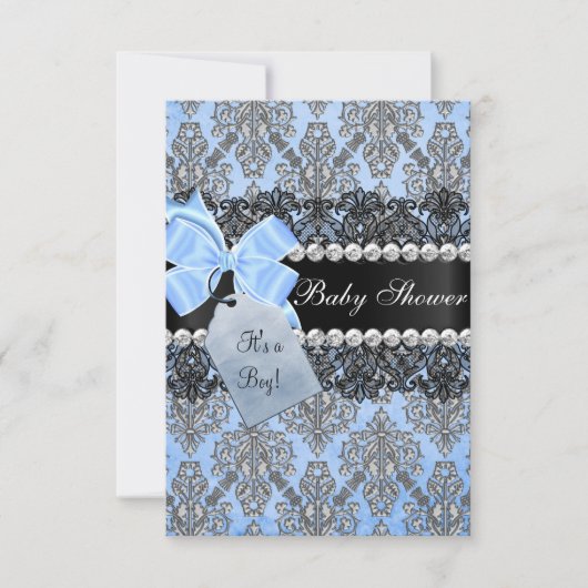 Blue Damask & Bow Boy Baby shower Invitation Kaart (Voorkant)