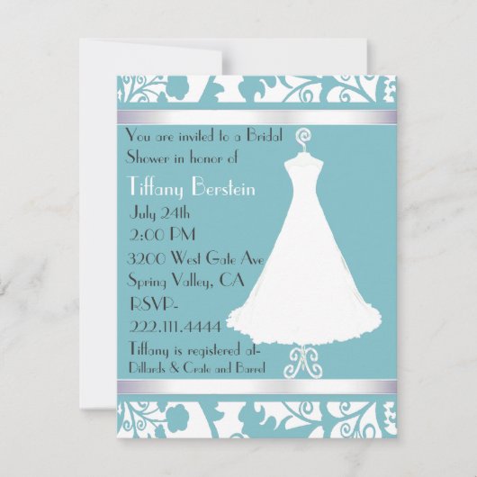 Blue Damask Bridal Shower Invitation Kaart (Voorkant)