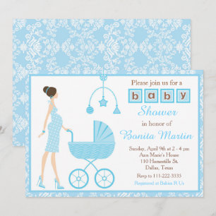 Blue Damask Brunette Verwacht Jongen Baby shower Kaart