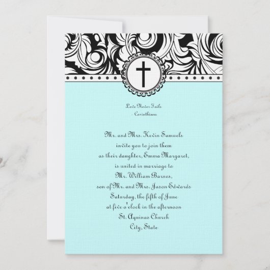 Blue Damask Christelijke Wedding Invitation Kaart (Voorkant)