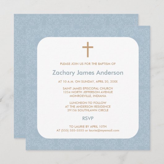Blue Damask & Cross-Baptism-uitnodigingen Kaart (Voorkant / Achterkant)