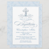Blue Damask Cross Baptisme Kaart (Voorkant / Achterkant)
