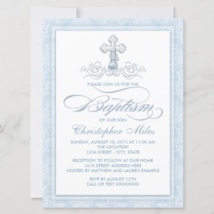 Blue Damask Cross Baptisme Kaart