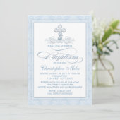 Blue Damask Cross Baptisme Kaart (Staand voorkant)