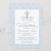 Blue Damask Cross Baptisme Kaart (Voorkant / Achterkant)