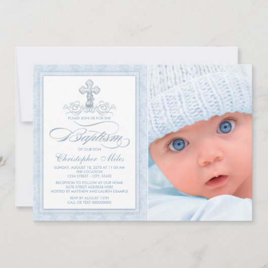 Blue Damask Cross Boy Fotodoop uitnodiging (Voorkant)