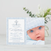 Blue Damask Cross Boy Fotodoop uitnodiging (Staand voorkant)