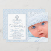 Blue Damask Cross Boy Photo Baptême Invitation (Devant / Derrière)