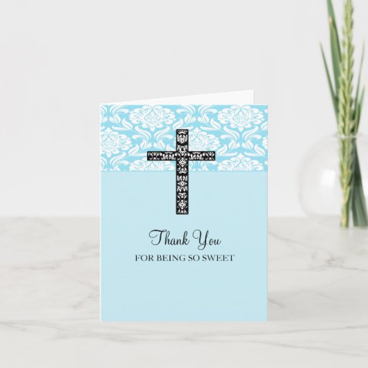 Blue Damask Cross Boys Dank je wel Bedankkaart (Voorkant)