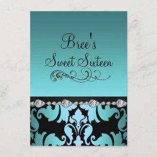 Blue Damask & Diamond Afbeelding Sweet 16 Uitnodig Kaart
