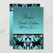 Blue Damask & Diamond Image Sweet 16 Invitation (Devant / Derrière)