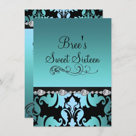 Blue Damask & Diamond Image Sweet 16 Invitation (Devant / Derrière)