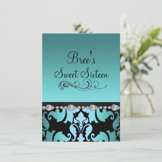 Blue Damask & Diamond Image Sweet 16 Invitation (Debout devant)