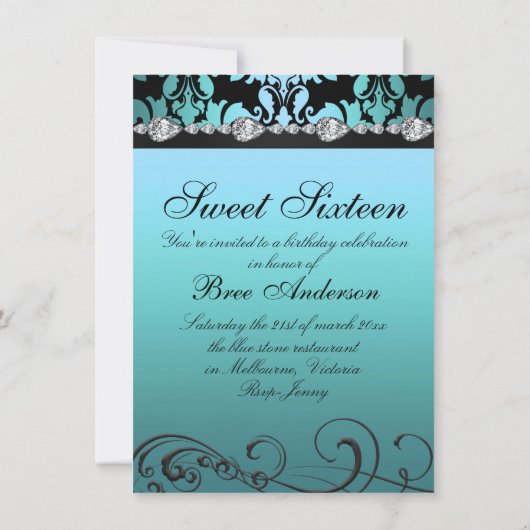 Blue Damask & Diamond Image Sweet 16 Invitation (Dos)