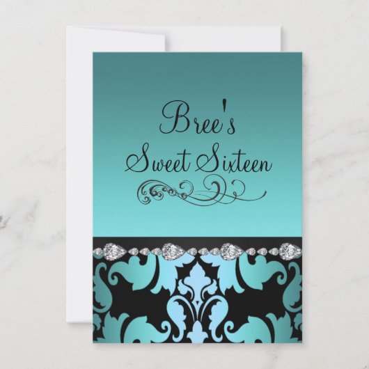 Blue Damask & Diamond Image Sweet 16 Invitation (Devant)