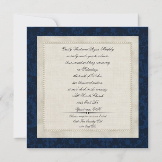 Blue damask en Pearls bruiloft-uitnodiging Kaart (Achterkant)