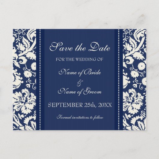 Blue Damask Enregistrer la date Cartes postales Ma (Devant)