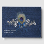 Blue Damask et Peacock Feather Mariage livre d'hôt<br><div class="desc">Chic bleu sur le bleu mariage damassé invité signe dans le livre. Les graphismes d'un floraison d'argent et de perles fantaisie,  à l'avant du livre d'hôtes,  sont décorés d'un arc de couleur bleu et de plumes de paon et de satin. Personnalisez le texte pour votre journée spéciale.</div>