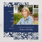 Blue Damask Foto 70th Birthday Party Invitations Kaart (Voorkant / Achterkant)