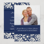 Blue Damask Foto Verloving Announcement Kaarten (Voorkant / Achterkant)