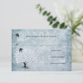 Blue Damask Heart Leaf Tree  Bird RSVP Kaartje (Staand voorkant)