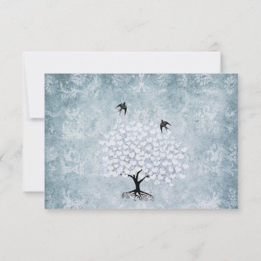 Blue Damask Heart Leaf Tree  Bird RSVP Kaartje (Achterkant)