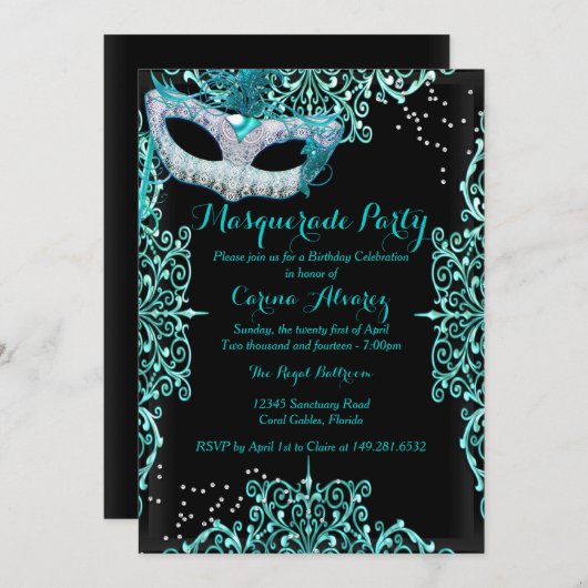 Blue Damask Masquerade Birthday Uitnodiging (Voorkant / Achterkant)
