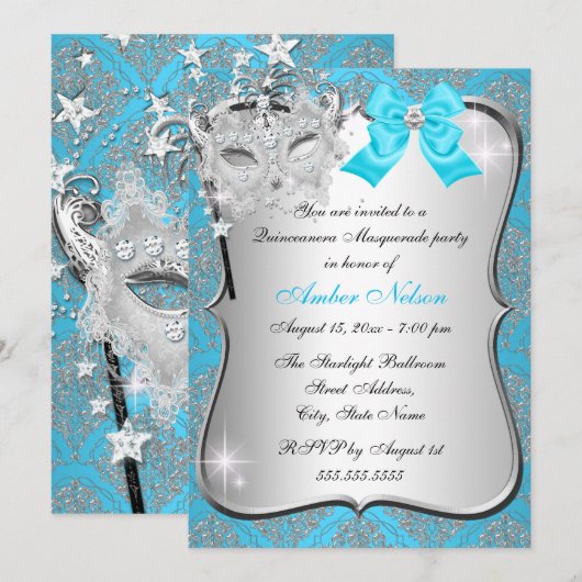 Blue Damask Masquerade Invite Kaart (Voorkant / Achterkant)
