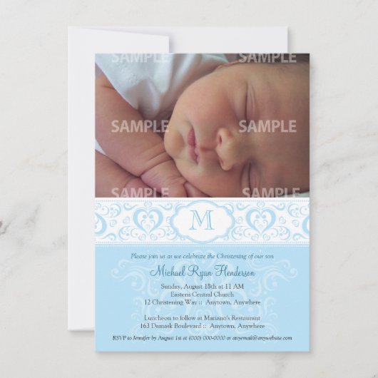 Blue Damask Monogram Baptism/Christening Kaart (Voorkant)