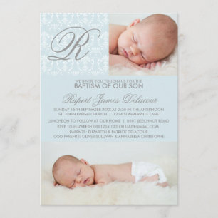 Blue Damask Monogram Baptisme Photo Invitation Kaart