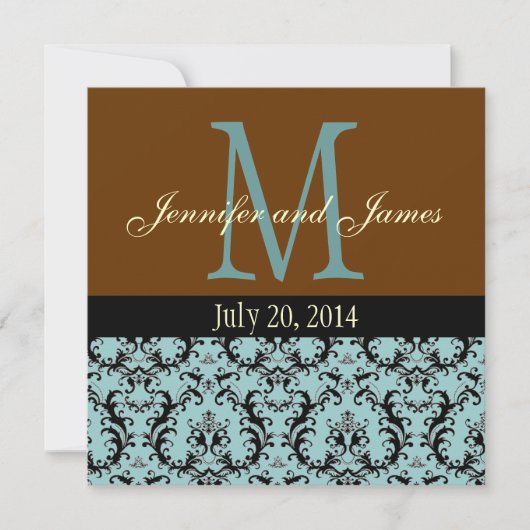 Blue Damask Monogram Brown Wedding Invitation Kaart (Voorkant)