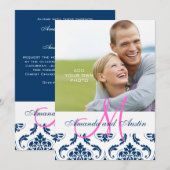 Blue Damask Monogram Foto Wedding Invitations Kaart (Voorkant / Achterkant)