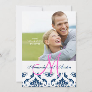 Blue Damask Monogram Foto Wedding Invitations Kaart