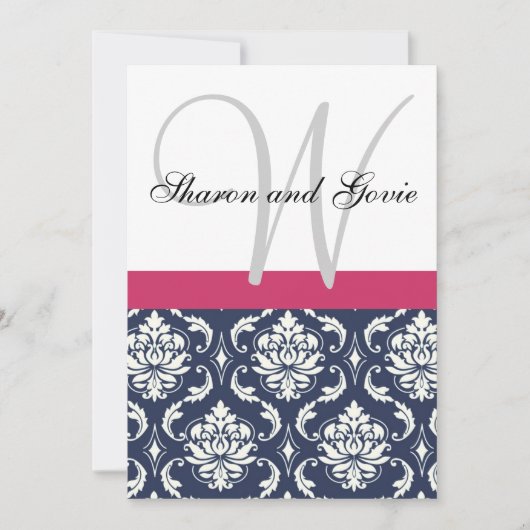 Blue Damask Monogram Names Wedding Invitation Kaart (Voorkant)