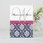 Blue Damask Monogram Names Wedding Invitation Kaart (Staand voorkant)