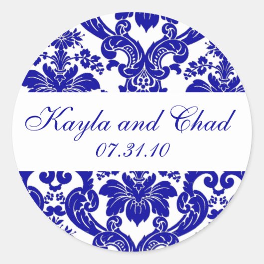 Blue Damask Monogram Ronde Sticker (Voorkant)
