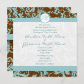 Blue Damask op Bruin Wedding Invitation Kaart (Voorkant / Achterkant)