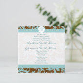 Blue Damask op Bruin Wedding Invitation Kaart (Staand voorkant)