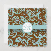 Blue Damask op Bruin Wedding Invitation Kaart (Achterkant)