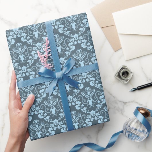 Blue Damask Pattern Elegant  Wrapping Paper Cadeaupapier (Geschenken)