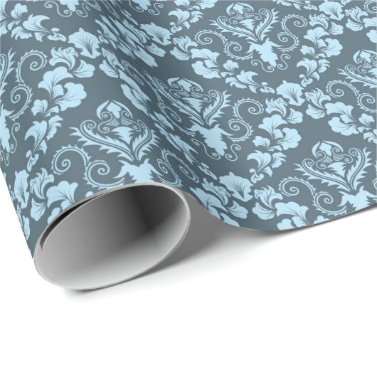 Blue Damask Pattern Elegant  Wrapping Paper Cadeaupapier (Rol Hoek)
