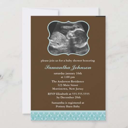 Blue Damask Pattern Sonogram Baby shower Kaart (Voorkant)
